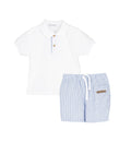 Conjunto pantalón rayas azul y blanco y polo blanco